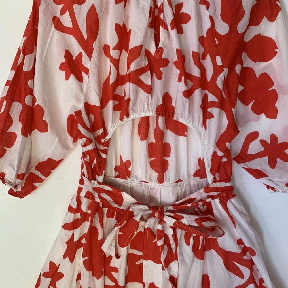 H&M Floral Print Dress Red White Puff Sleeve Mini Dress Summer Size S - Picture 6 of 11